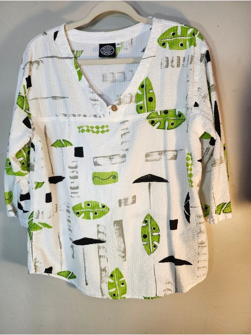 White V-Neck Textured Top with Lime Green Leaf Print 100% cotton